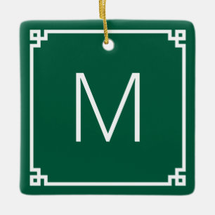 Hunter Green White Greek Key Border Monogram Photo Ceramic Ornament