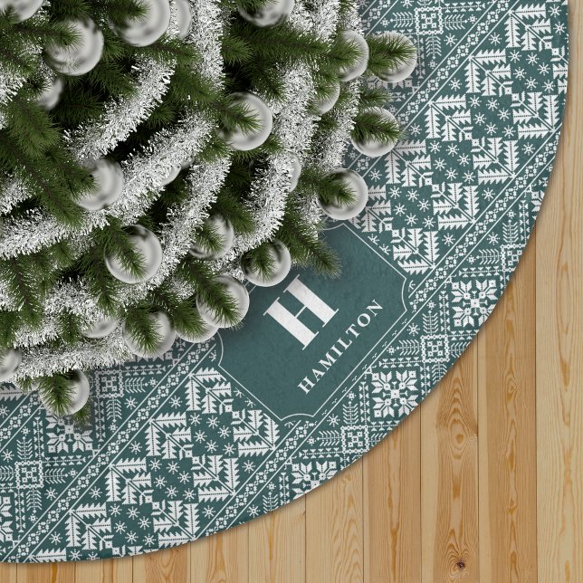 Hunter Green & White Sweater Pattern Monogram Brushed Polyester Tree Skirt (Creator Uploaded)