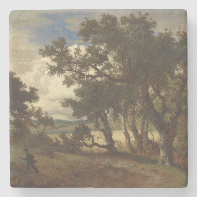  Hunter in the German Countryside (by Achenbach) Stone Coaster (Front)