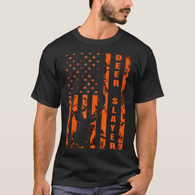 Hunter Orange Camo American Flag Deer Slayer Hunti T-Shirt (Front)