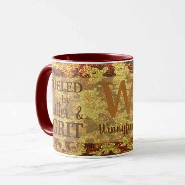 Hunter Orange Camouflage Glitter Camo Name Mug (Front Left)