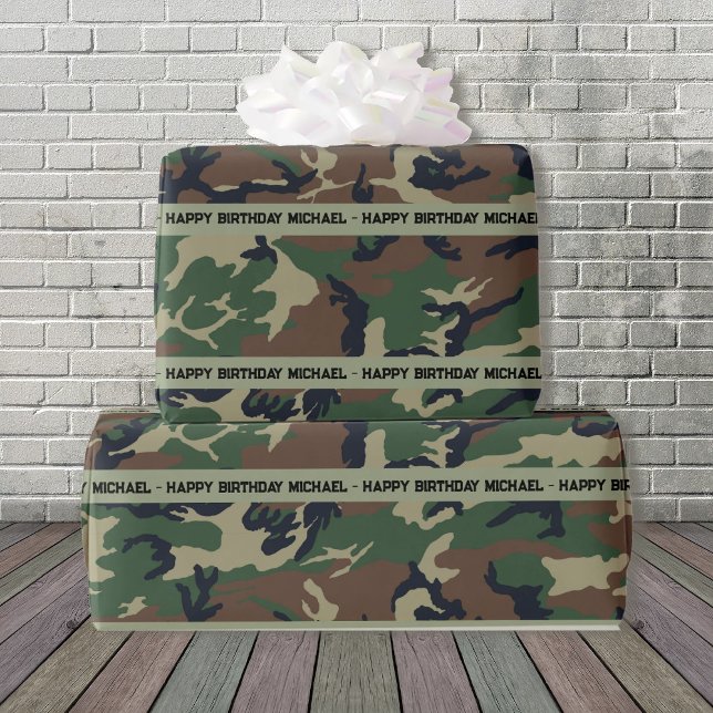 Hunter Woods Camo Add Text & Name Birthday Wrapping Paper (Creator Uploaded)
