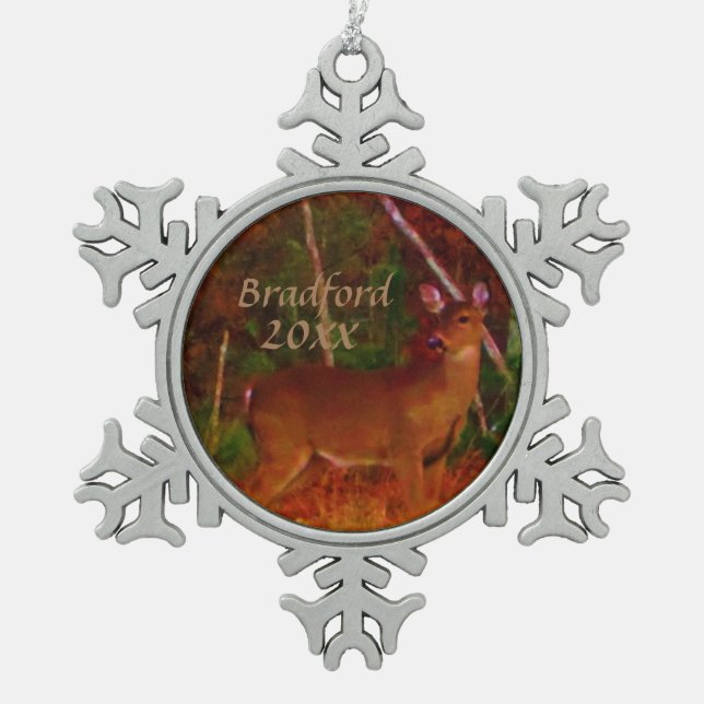 Hunter's Deer, Personalise name date Snowflake Pewter Christmas Ornament (Front)