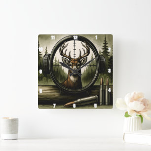 Hunter's Deer Scope Wildlife Forest Square Wall Clock