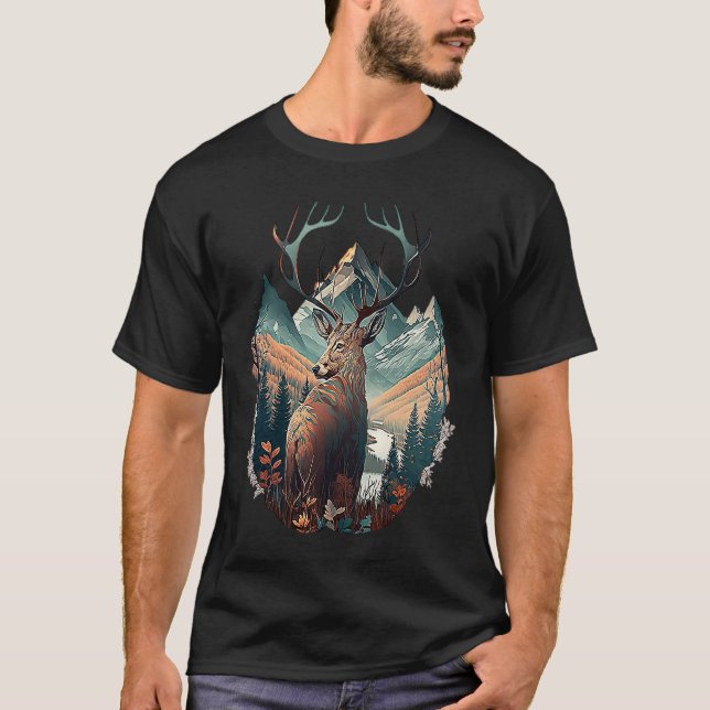 Hunter's Haven Epic Deer Standing In Mountain View T-Shirt (Front)