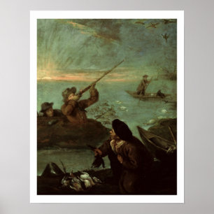Hunters Shooting at Ducks (oil on canvas) Poster