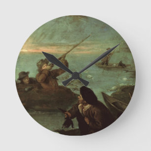 Hunters Shooting at Ducks (oil on canvas) Round Clock