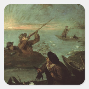 Hunters Shooting at Ducks (oil on canvas) Square Sticker