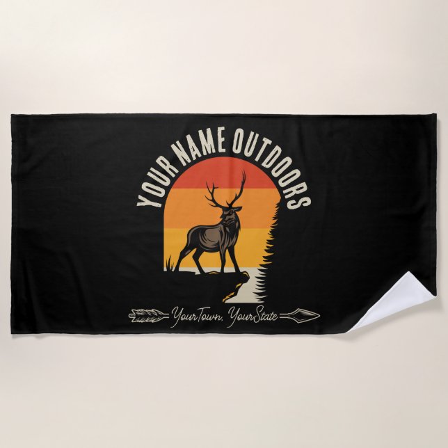 Hunting ADD NAME Outdoors Deer Elk Wilderness Camp Beach Towel (Front)