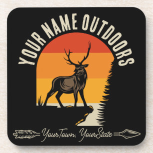 Hunting ADD NAME Outdoors Deer Elk Wilderness Camp Coaster