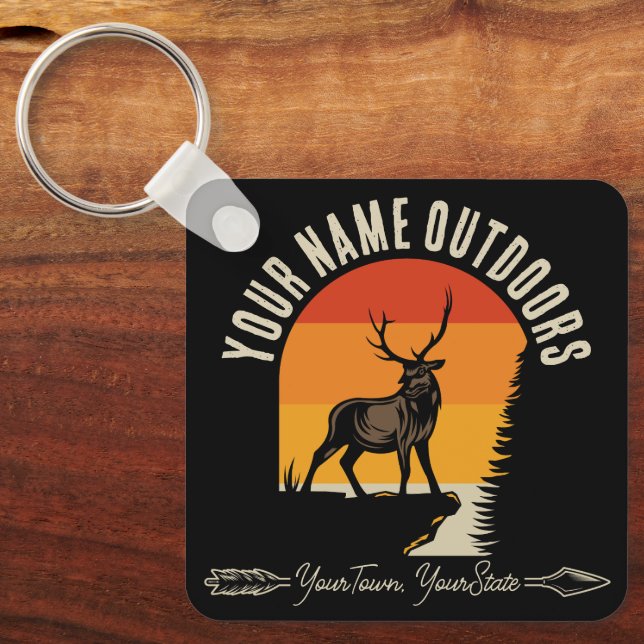 Hunting ADD NAME Outdoors Deer Elk Wilderness Camp Key Ring (Front)