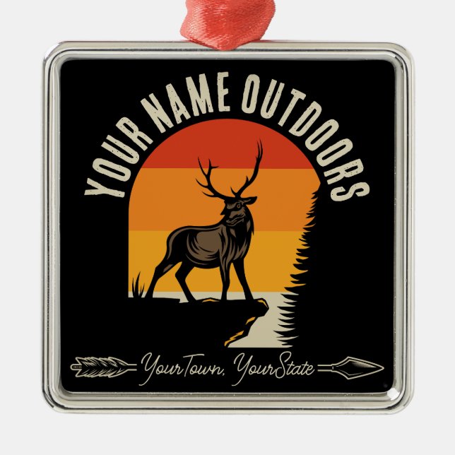 Hunting ADD NAME Outdoors Deer Elk Wilderness Camp Metal Ornament (Front)