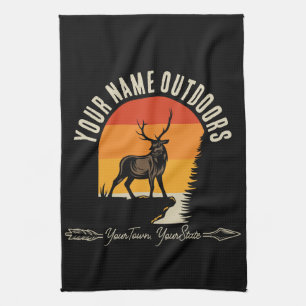 Hunting ADD NAME Outdoors Deer Elk Wilderness Camp Tea Towel
