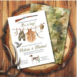 Hunting bow Boy Baby Shower clothesline Invitation<br><div class="desc">Watercolor "A little hunter is on the way" Hunting Baby Shower clothesline with hunting icons such as rifle, bow and arrow, overalls outfit, cap, deer skin, pointer hunting dog, duck and antlers, This one is for a Baby Shower, but you can change the wording to fit your needs. Wonderful for...</div>