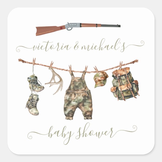 Hunting Camo Boy Baby Shower Square Sticker (Front)
