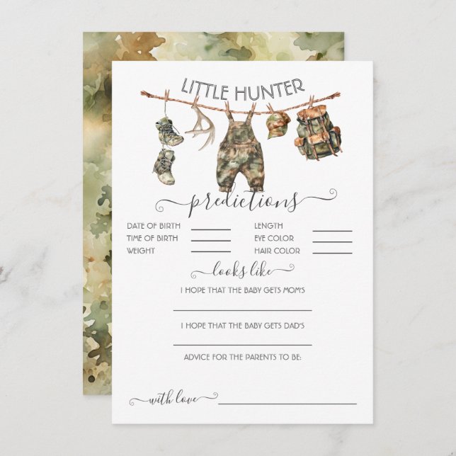 Hunting Camo Clothesline Baby Predictions Game Invitation (Front/Back)
