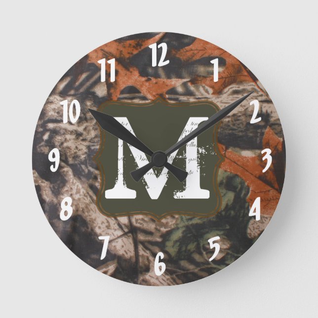 Hunting Camo Hunters Monogram Initial Wall Clock (Front)