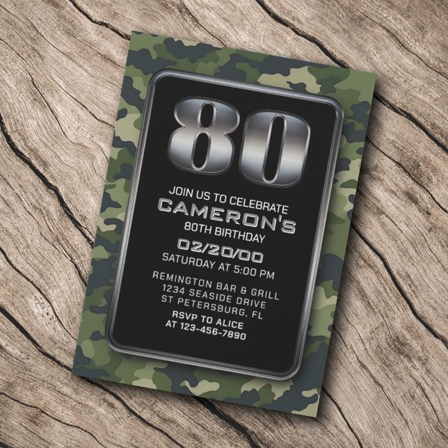 Hunting Camo Military 80th Birthday Invitation (Creator Uploaded)