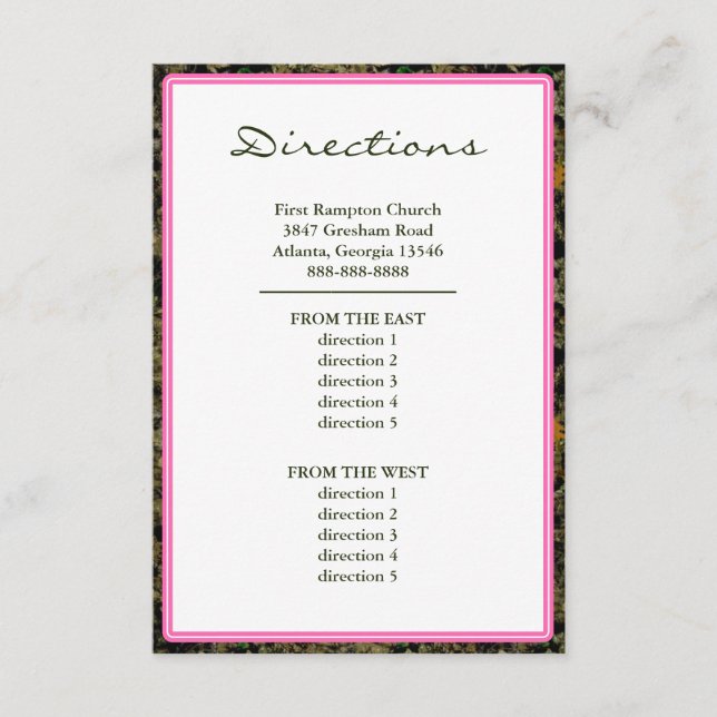 Hunting Camo Pink Custom Wedding Directions Enclosure Card (Front)