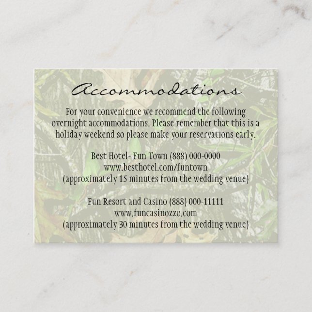 Hunting Camo Wedding Insert Reception Cards (Front)