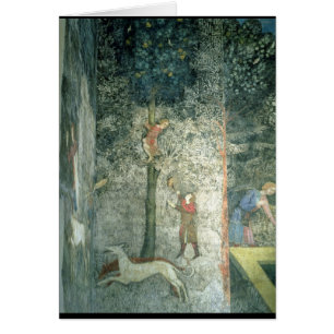 Hunting dogs and men climbing a tree