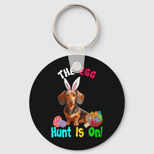Hunting Eggs Is On Easter Day Bunny Dachshund Eggs Key Ring (Front)