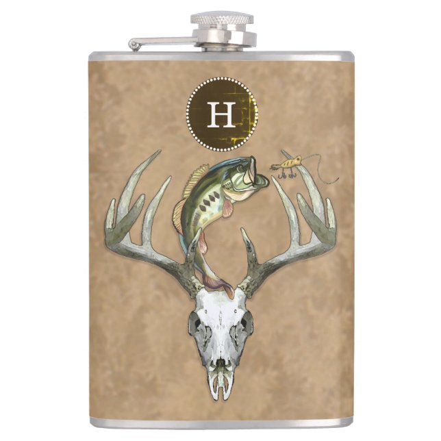 Hunting Fishing Antlers Bass Monogram Initial Hip Flask (Front)