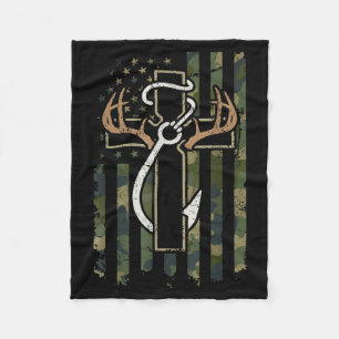 Hunting Fishing Faith Deer Antlers Cross Hook Chri Fleece Blanket
