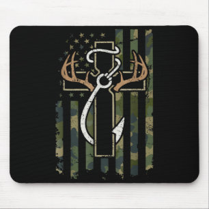 Hunting Fishing Faith Deer Antlers Cross Hook Chri Mouse Pad