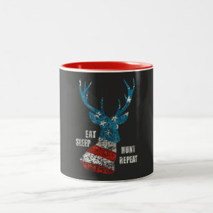 Hunting Gift Eat Sleep Hunt Repeat USA Flag Cool Two-Tone Coffee Mug