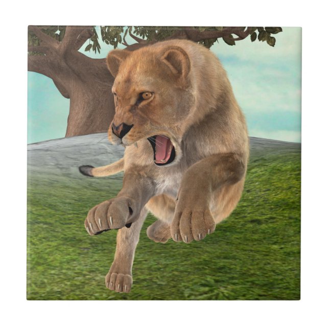Hunting Lioness Ceramic Tile (Front)