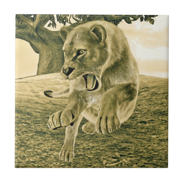 Hunting Lioness Ceramic Tile (Front)