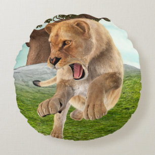 Hunting Lioness Round Cushion