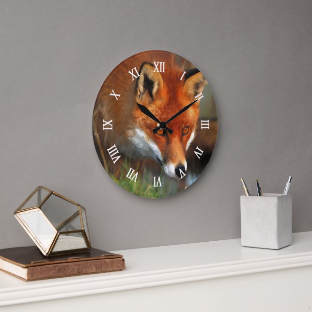 Hunting Red Fox During Oil Painting Art Large Clock (Office)