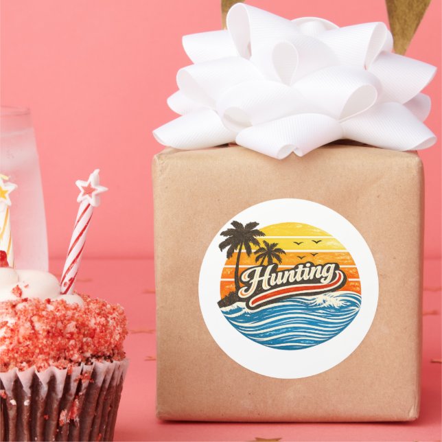Hunting Retro Sunset Design Classic Round Sticker (Party)