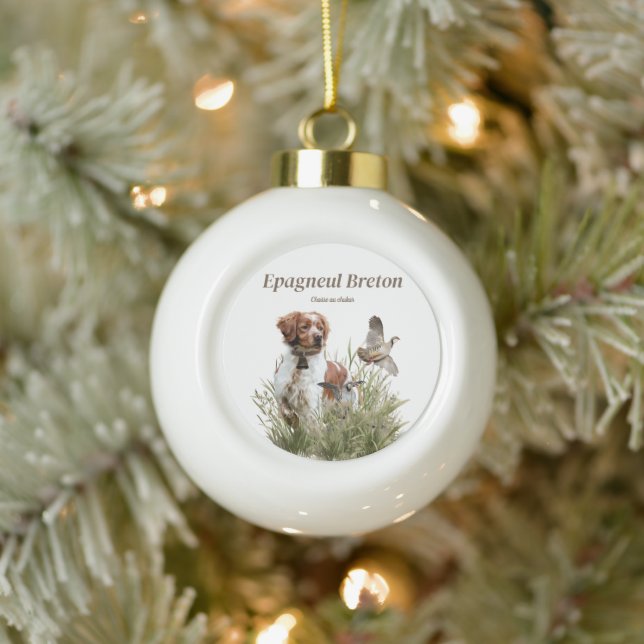 Hunting with a Brittany dog, Art  Ceramic Ball Christmas Ornament (Tree)