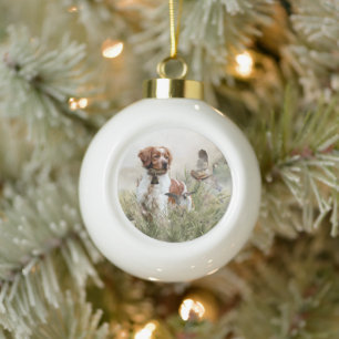 Hunting with a Brittany dog, Art Ceramic Ball Christmas Ornament