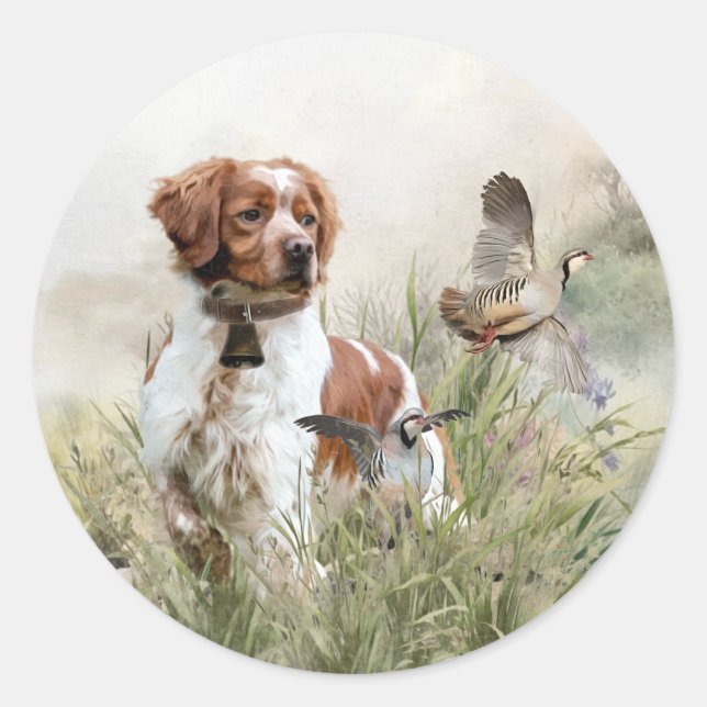 Hunting with a Brittany dog, Art  Classic Round Sticker (Front)
