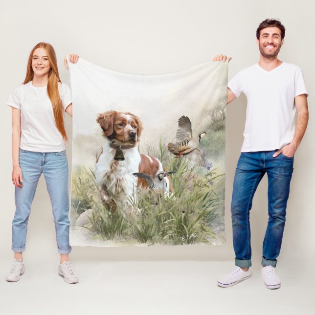 Hunting with a Brittany dog, Art  Fleece Blanket (In Situ)