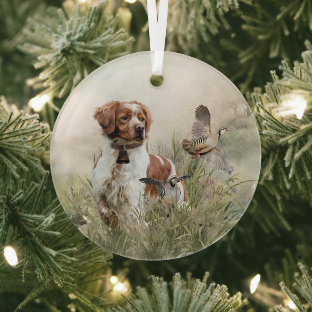 Hunting with a Brittany dog, Art  Glass Tree Decoration (Insitu)