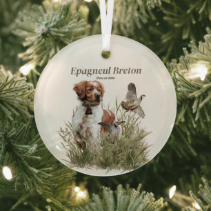 Hunting with a Brittany dog, Art  Glass Tree Decoration