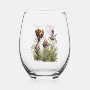 Hunting with a Brittany dog, Art Stemless Wine Glass