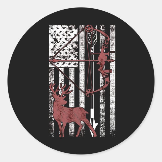 Hunting with American Flag Bow Hunting Classic Round Sticker (Front)