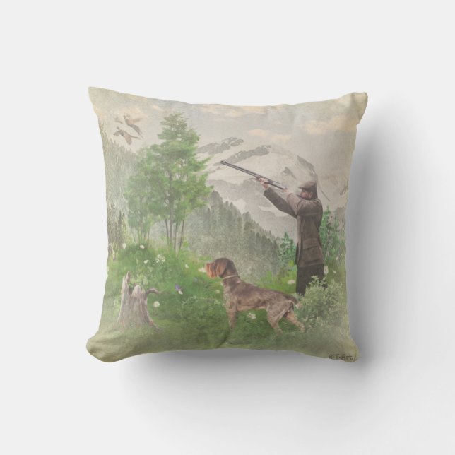 Hunting with German Wirehaired Pointer  Tapestry P Cushion (Front)