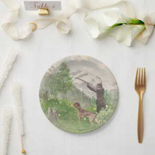 Hunting with German Wirehaired Pointer  Tapestry P Paper Plate