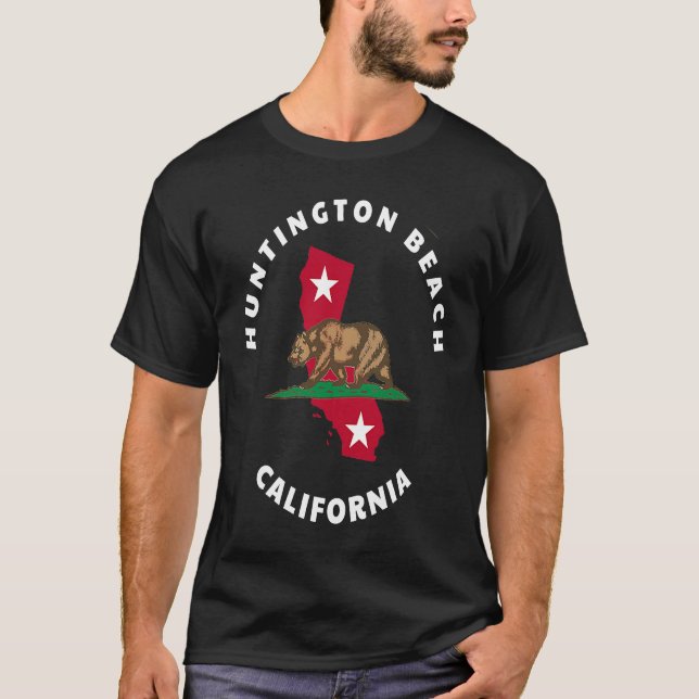 Huntington Beach California CA Flag and Bear Badge T-Shirt (Front)