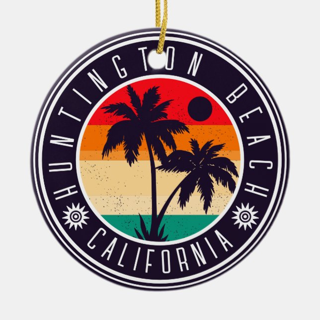 Huntington Beach California Retro Palm Trees 60s Ceramic Ornament (Front)
