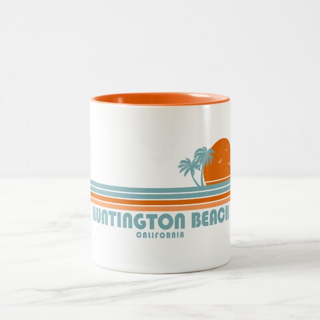 Huntington Beach California Sun Palm Trees Two-Tone Coffee Mug (Center)