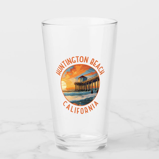 Huntington Beach California Travel Art Vintage Glass (Front)