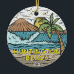 Huntington Beach California Vintage Ceramic Ornament<br><div class="desc">Huntington Beach hand drawn illustration with mountains and ocean waves in the background. Perfect for anyone who loves to visit Huntington Beach.</div>